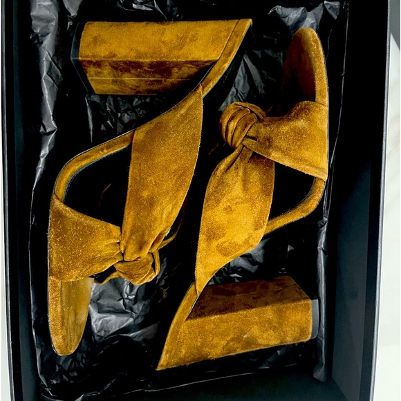 Saint Laurent Mustard Yellow Suede Heels - Picture 1 of 7